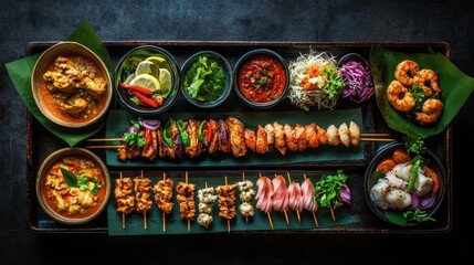 Fototapeta premium A colorful selection of Thai street food skewers, including chicken satay, shrimp, and pork belly.