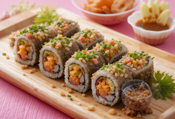 A plate of sushi with a variety of toppings, including carrots, cucumbers
