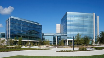 Obraz premium A corporate complex with multiple buildings connected by sky bridges.