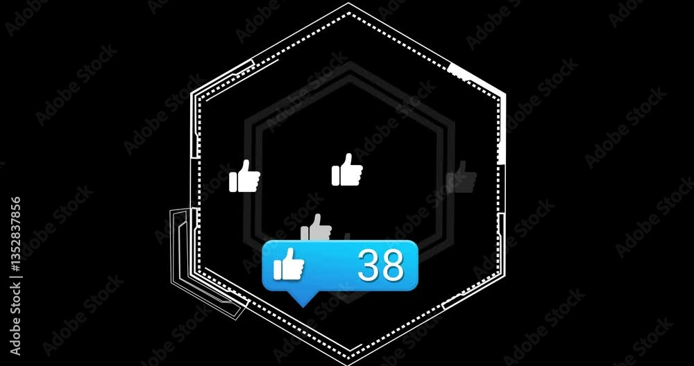 Poster animation of hexagonal design with thumbs-up icons showing 47 likes notifications