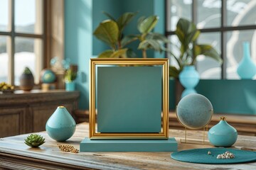 Soft Teal and Gold 3D Square Frames for Wellness and Mindfulness Product Presentation