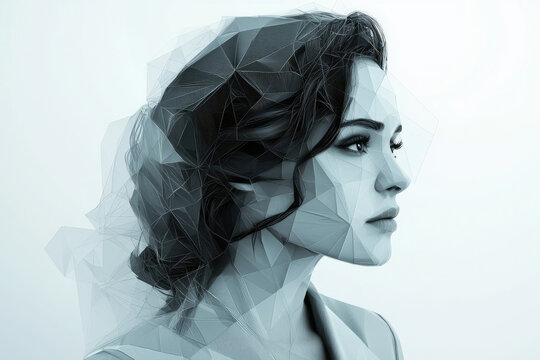 A stylized portrait of a woman, rendered in geometric polygons, creating a modern and abstract aesthetic.