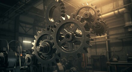 Fototapeta premium Industrial Gear System Closeup - Detailed close-up of intricate metal gears interlocked within a rustic industrial setting
