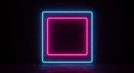 Neon Double Square Frame on Dark Brick Wall - Futuristic, vibrant, modern, empty, glowing. Symbolizing technology, energy, design, space, and potential