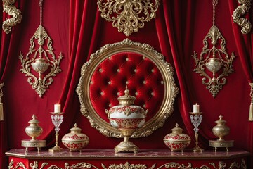 Opulent Red Velvet Backdrop with Golden Accents and Stylish Decor