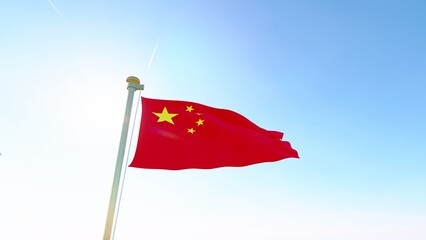 Flag of China waving in the wind, sky and sun background. Chinese Flag.
