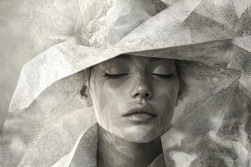 Serene woman with eyes closed, enveloped by textured fabric, creating an ethereal and artistic portrait.