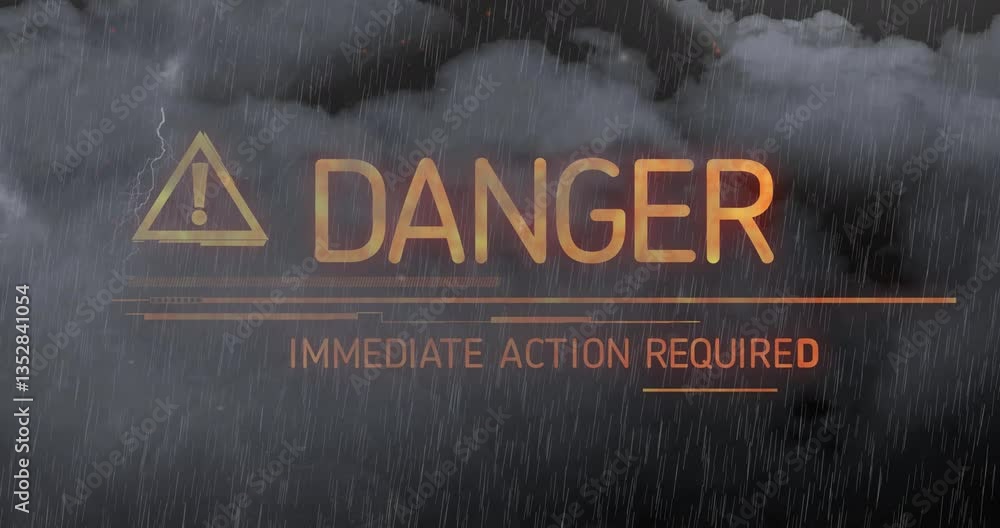 Poster warning text with immediate action required, animation over stormy clouds and rain