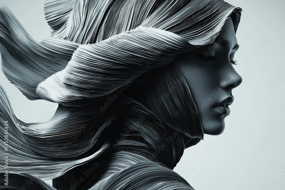 Poster a monochromatic portrait of a woman enveloped in flowing, pleated fabric, creating an abstract and e