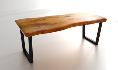 Wooden lacquered table with black metal legs on white background. Modern live edge elm slab coffee table with inner knot in bizarre pattern shape and tree table.