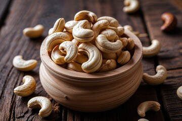 A rustic wooden bowl overflowing with creamy cashew nuts, a wholesome and natural delight, bathed in warm, inviting light.