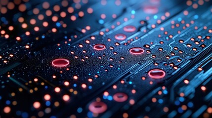 Electronic circuit glows blue and red, resembling futuristic cityscape