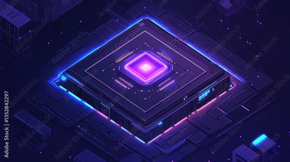 Poster futuristic microchip with neon lights hightech design for innovation and technology concepts