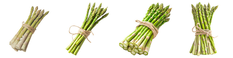 Four bundles of vibrant asparagus spears bound with rustic twine, displayed in a linear arrangement.