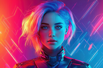 Fototapeta premium A cyberpunk-style portrait of a young woman with vibrant pink and blue hair, set against a backdrop of neon lights and geometric shapes.