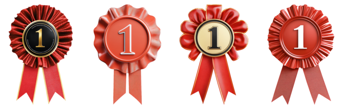 Four Red Badges with Number One for Achievement and Recognition, Isolated on Transparent Background - Powered by Adobe