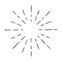 Vector hand drawn illustration of light rays, firework, sunburst. Vintage style element, round frame, isolated on white background.