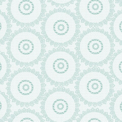 Seamless decorative circular pattern with lace-style rings in soft mint green and white. Elegant ornamental background ideal for wallpapers, textiles, stationery, packaging, refined design projects.