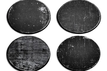 Four worn textured black circular shapes with white backgrounds present