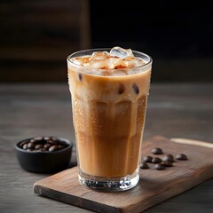 Iced coffee drink, condensation, wood, beans, dark background, cafe menu