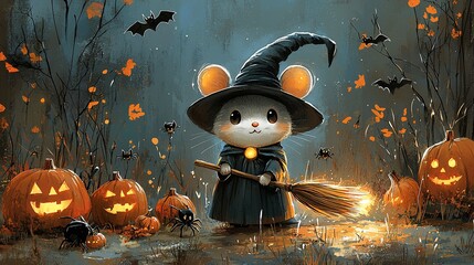 Cute mouse wizard with pumpkins and bats on Halloween night.
