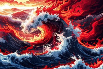 Vibrant Vector Background Featuring Lively Waves and Fiery Crimson Flames