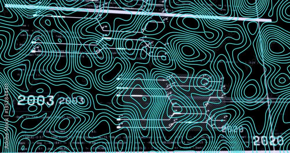 Poster Animation of abstract topographic lines with digital data on dark background