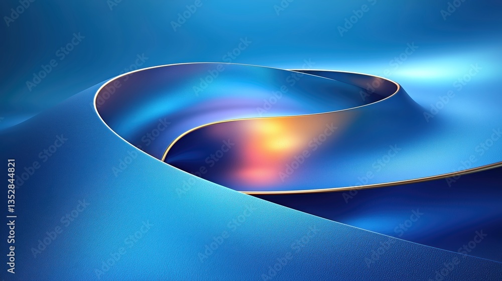 Poster abstract design in blue with flowing curves and a golden trim creating a serene and modern aesthetic