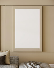 Mockup para cuadro vertical sobre pared beige, 3d render