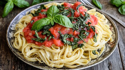 Rustic Italian pasta dish handmade fettuccine fresh basil and tomato sauce served on a vintage plate