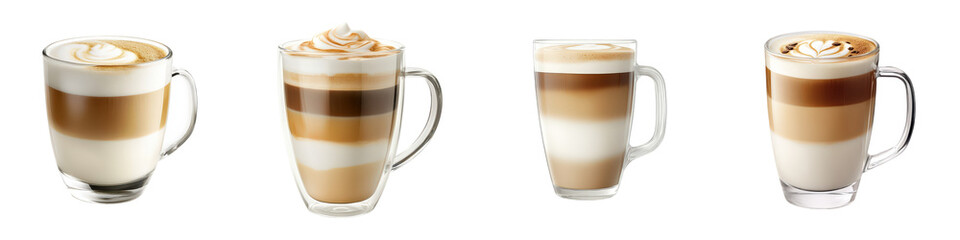 Four glass mugs display layered coffee drinks with creamy foam and various presentation styles.