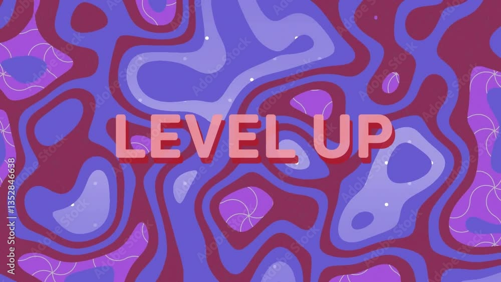 Poster level up text animation over abstract purple and red swirling patterns