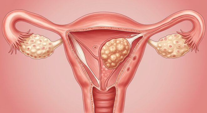 Uterine Fibroid: Structure and Surrounding Tissues Illustration - Medical illustration depicting a fibroid in the uterus, showcasing its texture, size