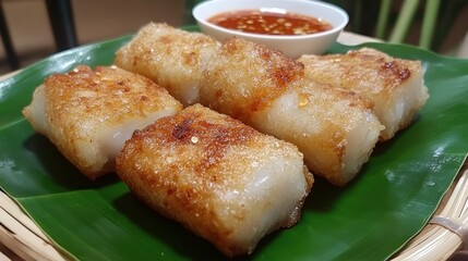 A platter of crispy Thai Spring Rolls with sweet chili sauce, presented on a banana leaf-lined plate.