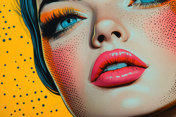 Close-up of a woman's face, vibrant pop art style, with bold makeup and freckles.