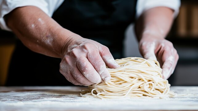 Home made italian nonna kneadi pasta on a wooden table showcasing traditional cooking methods and family heritage in italy