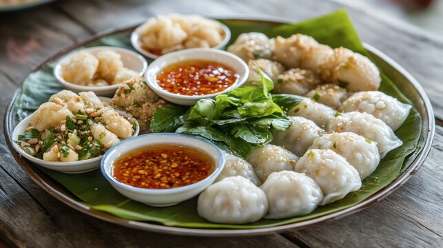 A platter of freshly steamed Thai dumplings Kanom Jeeb, served with soy dipping sauce.