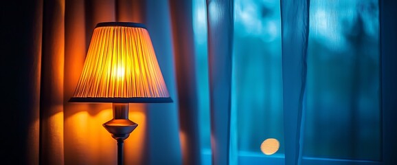 Warm Lamplight and Blue Curtains Interior