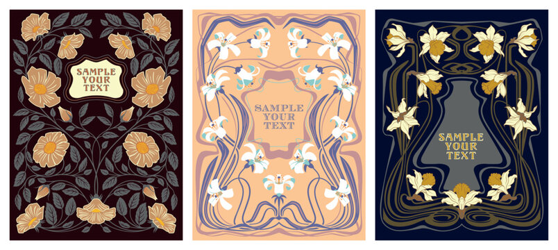 Set of 3 antique frames in Art Nouveau style with pattern of flowers, buds, leaves and branches. Vintage Victorian style concept. Handmade drawing vector illustration.