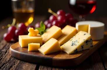 Different kinds of cheese on wooden board in rustic style with wine and grapes. National wine day. Cheese day. Romantic postcard. background.