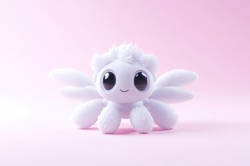 Fototapeta premium Cute white plush toy creature with big eyes and wings sitting on a pastel pink background.