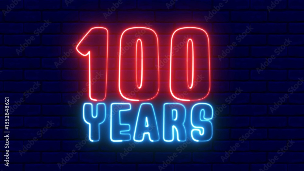 Poster 100 years neon sign. 100 years text font with neon light. luminous and shimmering haze inside the le