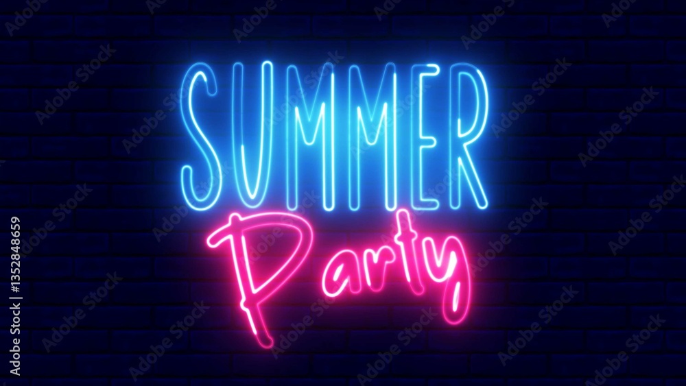 Poster summer party neon sign. summer party text font with light. luminous and shimmering haze inside the l