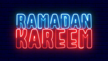 Obraz premium Ramadan Kareem text font with light. Luminous and shimmering haze inside the letters of the text Ramadan Kareem. Ramadan Kareem neon sign.