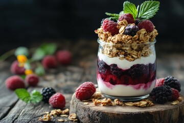 Delightful berry parfait layered with creamy yogurt and crunchy granola Generative AI