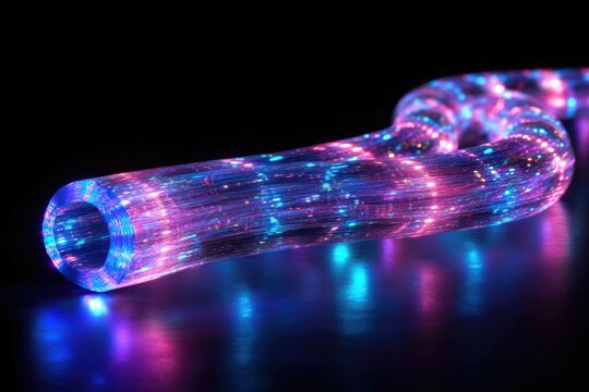 Illuminated fiber optic cable, glowing with vibrant pink and blue light, creating a mesmerizing visual effect.