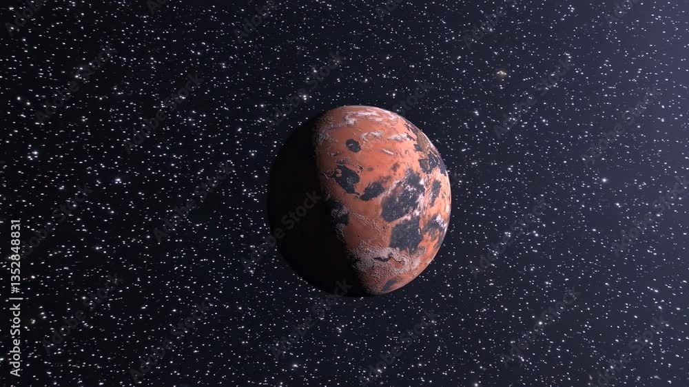 Poster detailed rendering of a rocky planet with mars-like reddish-orange surface and dark terrain patches,