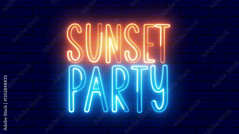 Poster sunset party neon sign. sunset party text font with neon light. luminous and shimmering haze inside 