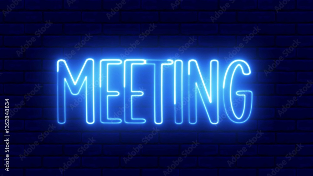 Poster meeting letter neon sign. meeting text font with light. luminous and shimmering haze inside the lett