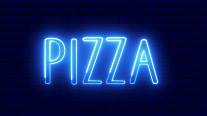 Pizza neon sign. Pizza text font with light. Luminous and shimmering haze inside the letters of the text Pizza. 